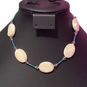 Essence Mother Of Pearl Purple Crystal Green Bead Necklace